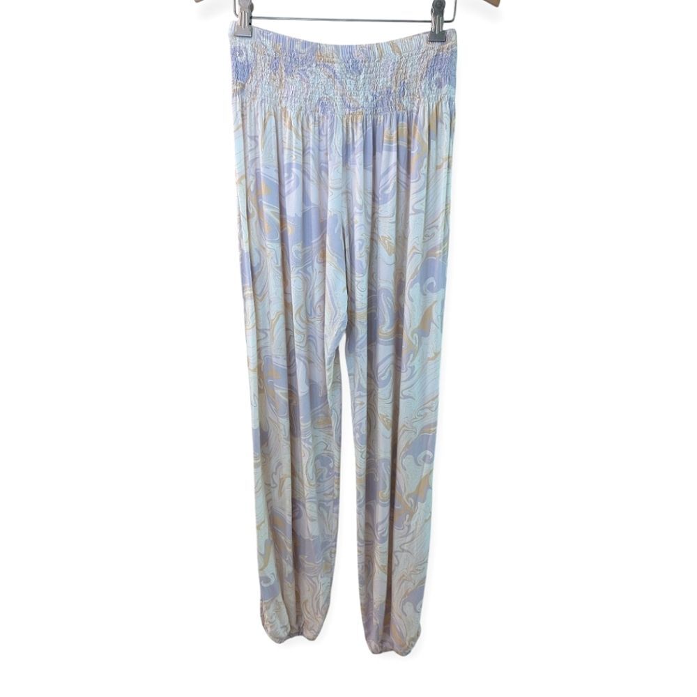 Lotus and Luna Harem Pants Lavender Gold Swirl Smocked Waist S/M